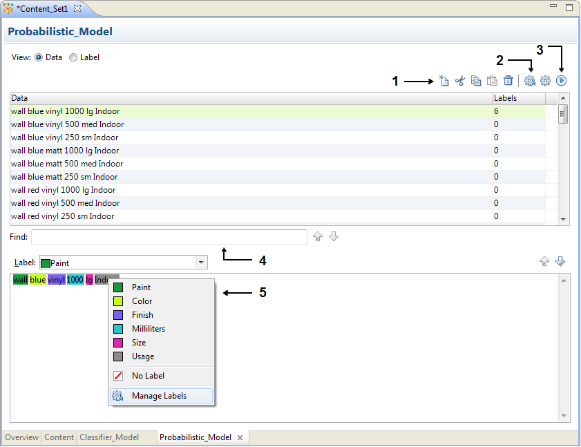 The Data view shows the data rows in a single column and shows the number of labels for each row in a parallel column. The Data view also includes options to add labels and data rows and to compile the model.