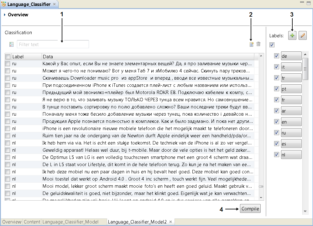 The classifier model contains data rows in multiple languages from a consumer technology twitter feed. The default view shows the data rows and labels in parallel columns. The Data view also includes options to add labels and rows and to compile the model.