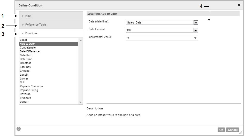 The Define Condition dialog box options define the comparison operation for the condition. Select an option type on the left-hand side of the dialog box. Use the editable fields to define the comparison operation.