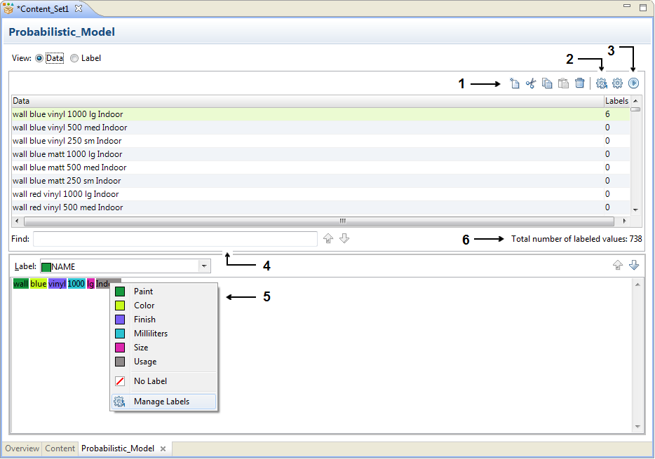 The Data view shows the data rows in a single column and shows the number of labels for each row in a parallel column. The Data view also includes options to add labels and data rows and to compile the model.