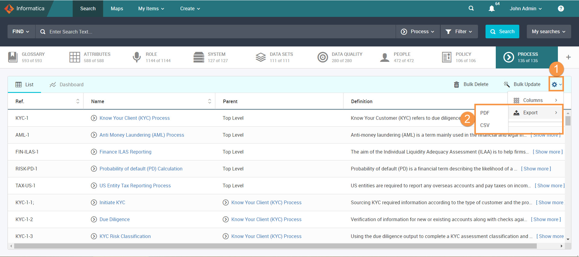 The Unison page shows the options to export the Process facet results to a CSV or PDF format.