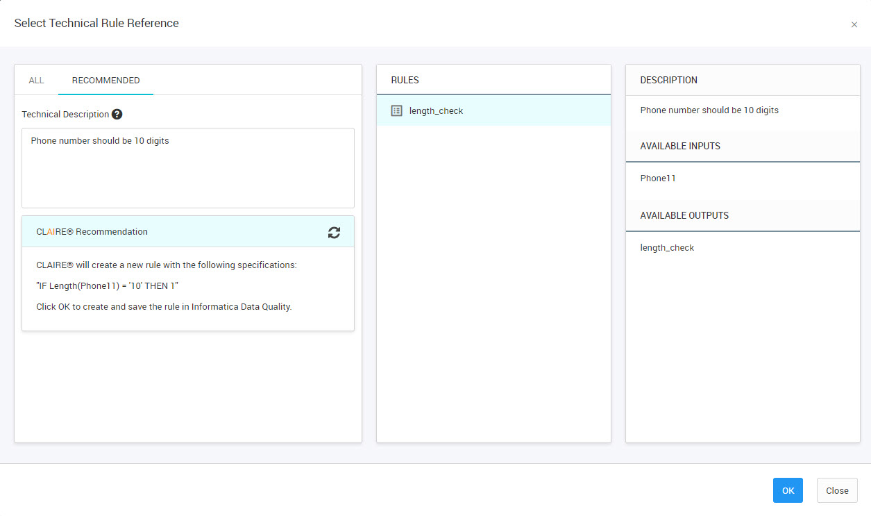 Recommended tab of the Technical Rule Reference dialog box