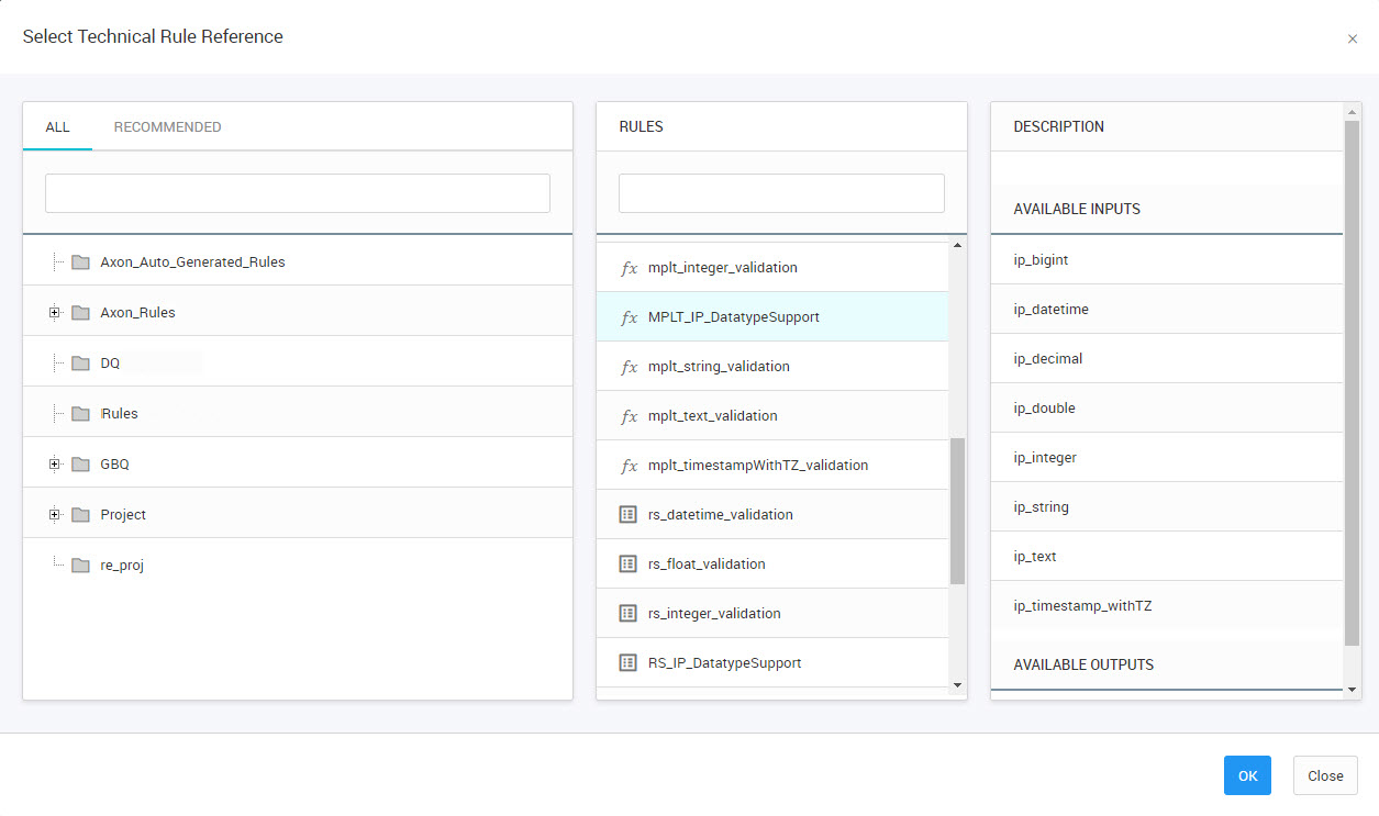 All tab of the Technical Rule Reference dialog box