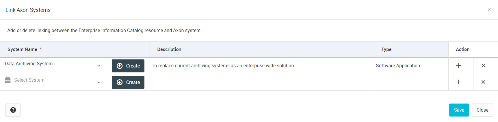 The Link Axon System (s) dialog box shows the systems that you can link to Enterprise Data Catalog resources.