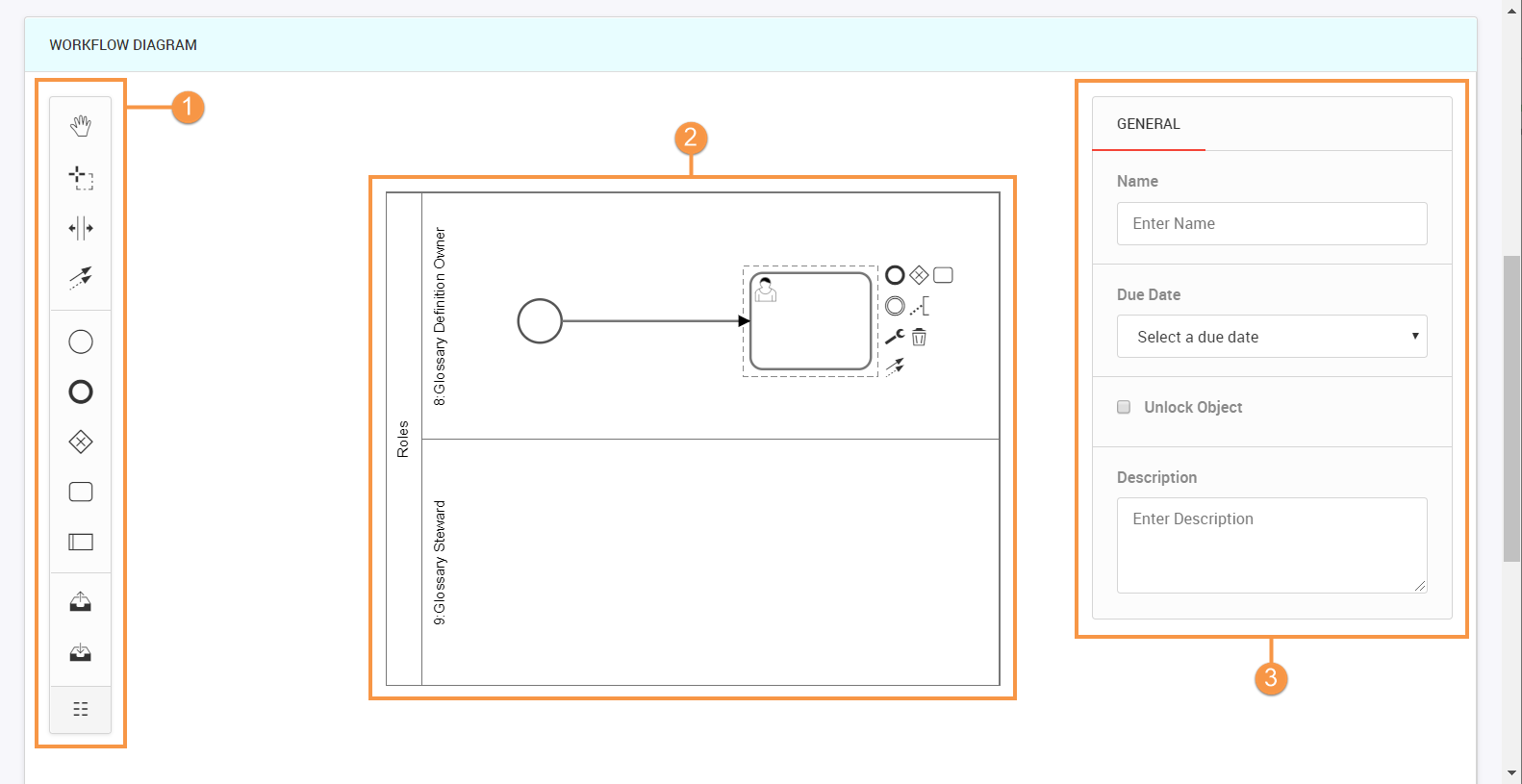 The Workflow Diagram includes the toolbar, canvas, and properties.