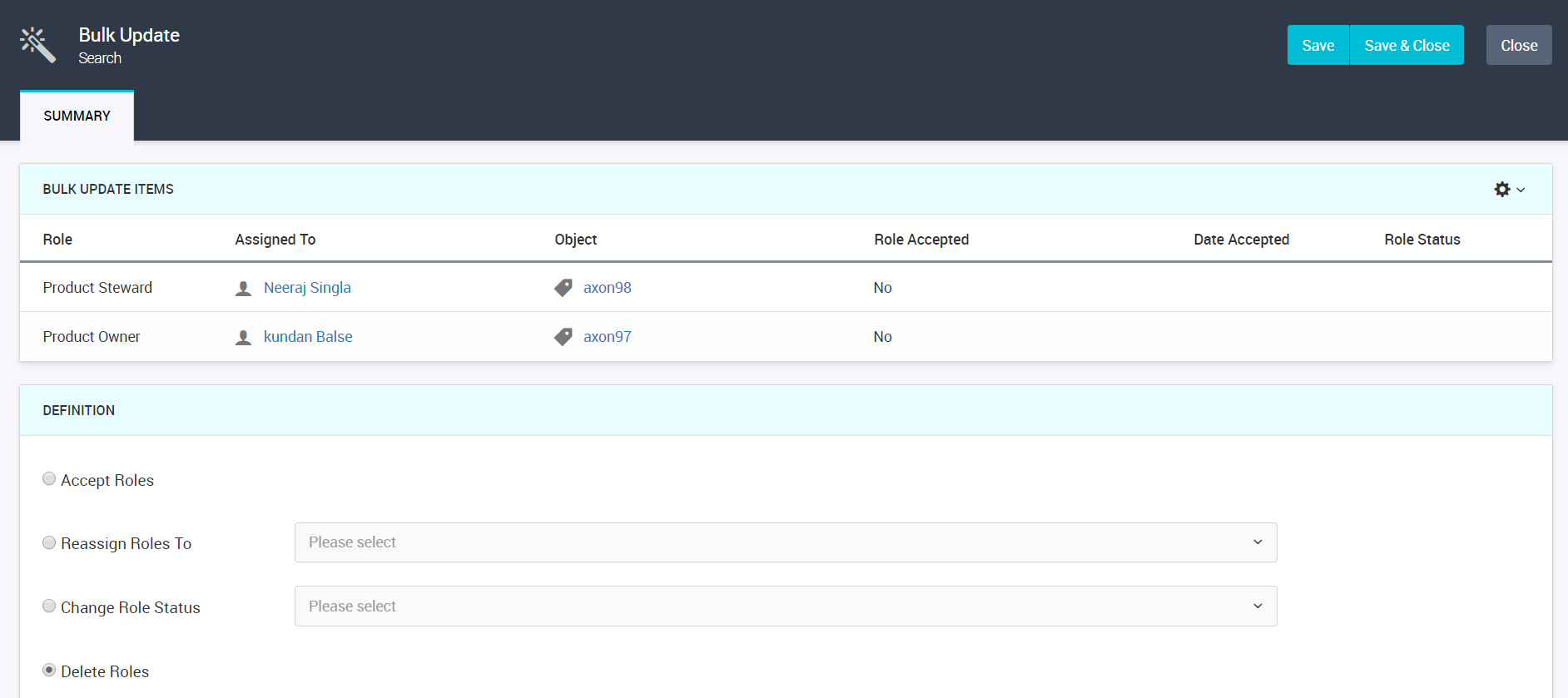 The Bulk Update page lists the roles on which you can perform bulk upload operations, such as Accept Roles and Delete Roles.