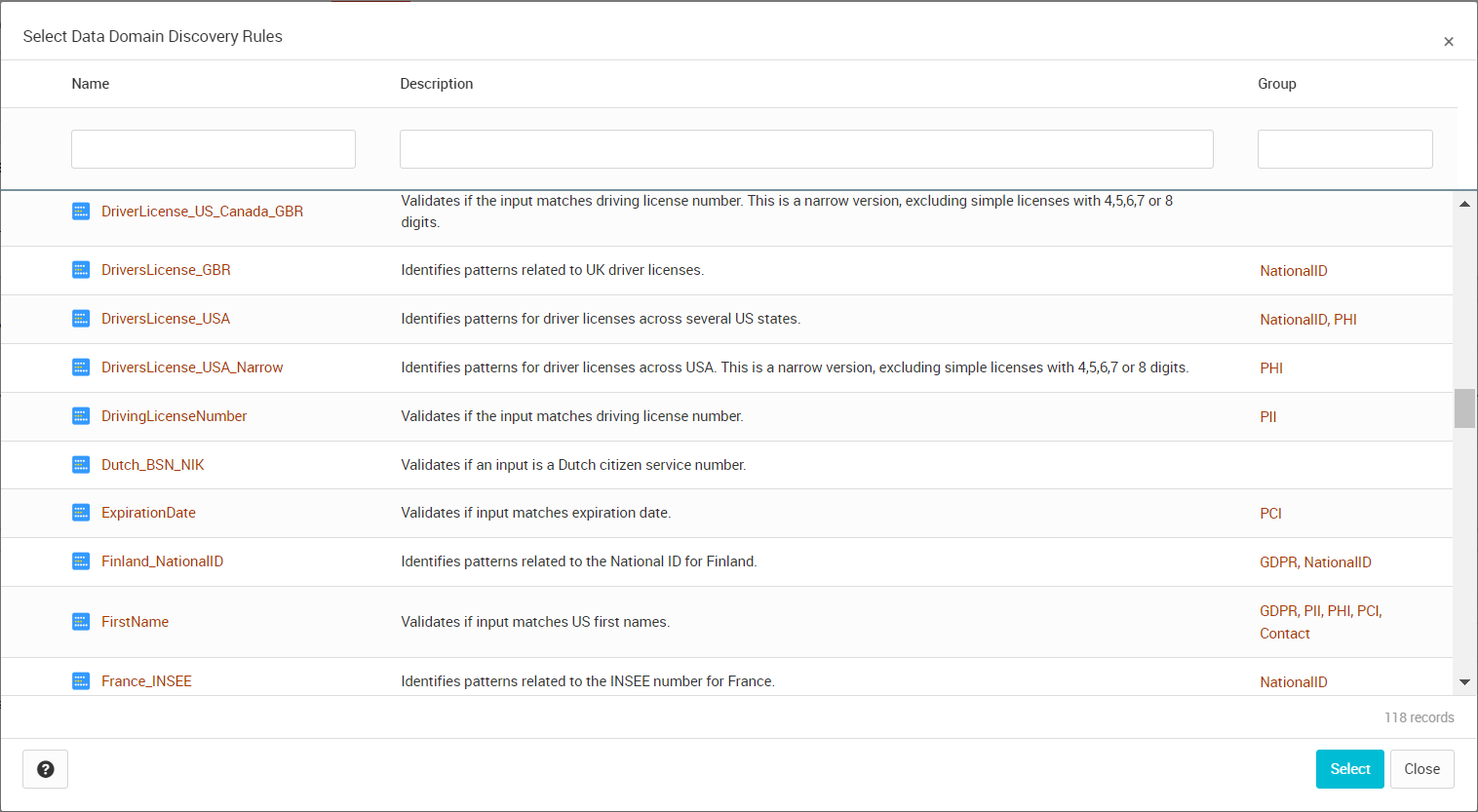 The Select Data Domain Discovery Rules dialog box shows the list of data domain discovery rules from Enterprise Data Catalog.