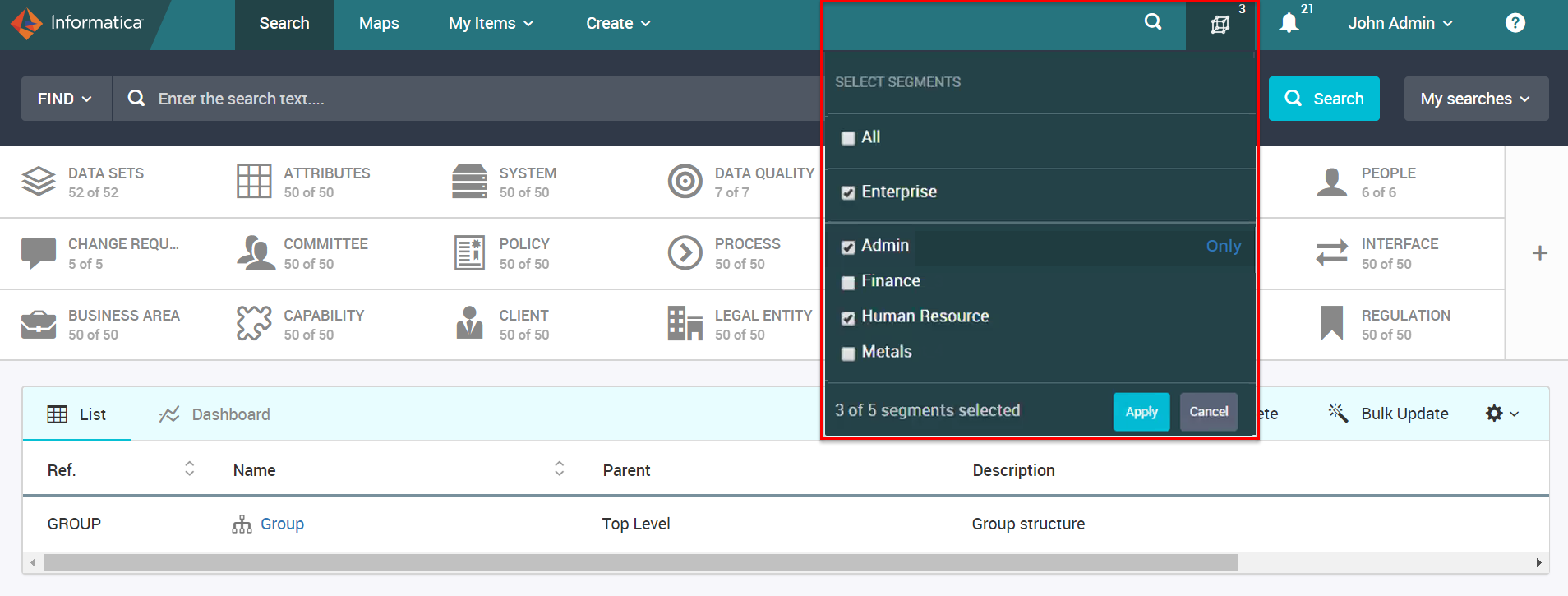 The Unison search page shows the Select Segments list with a sample list of segments that a user can access.