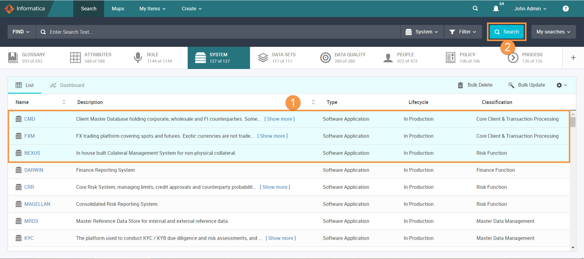 The Unison search page shows the grid items that are selected to perform search.