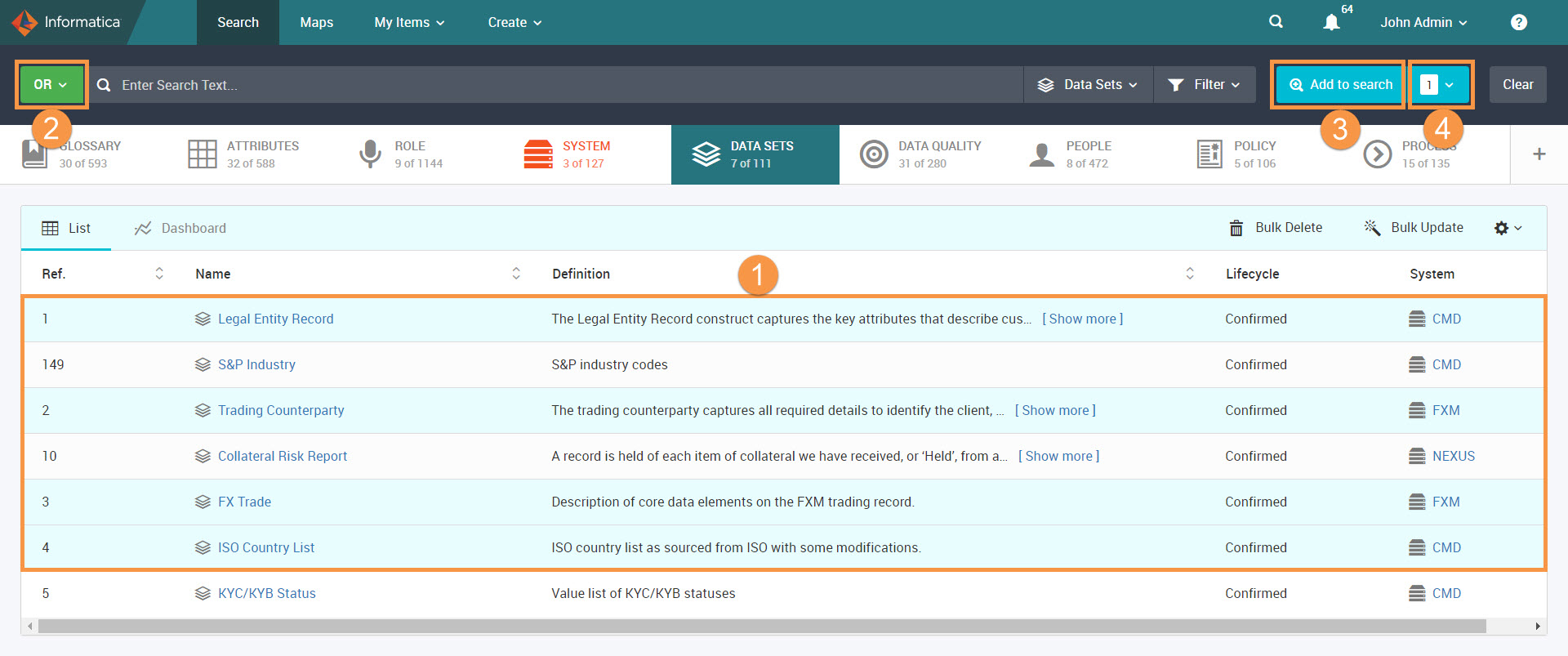 The Unison search page shows the select additional grid rows, logical operator, the Add to search button, and search counter.