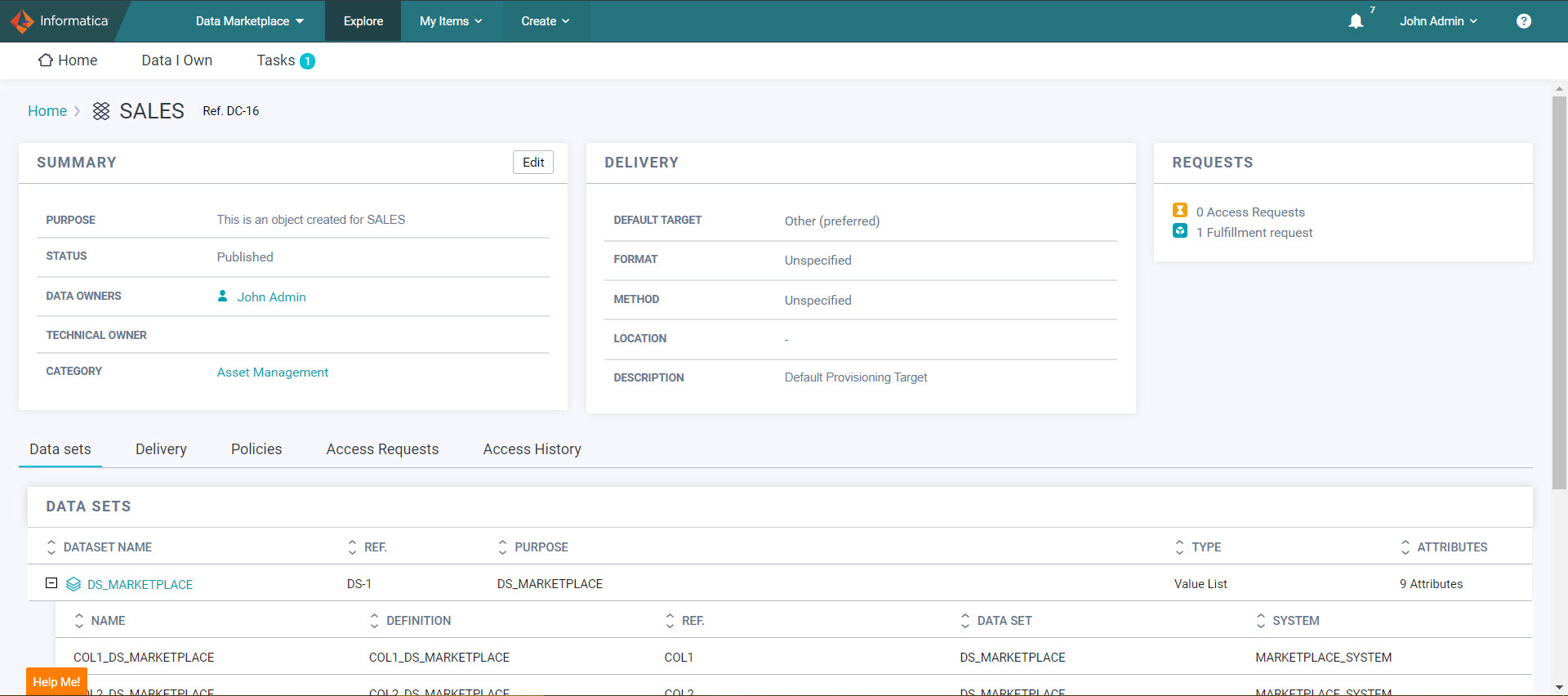 Data collection showing the purpose and category, the data sets, and the delivery options.