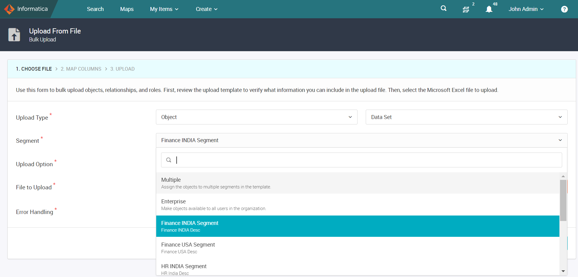 The Bulk Upload wizard shows the fields that you can choose when you want to assign objects to a segment in bulk.