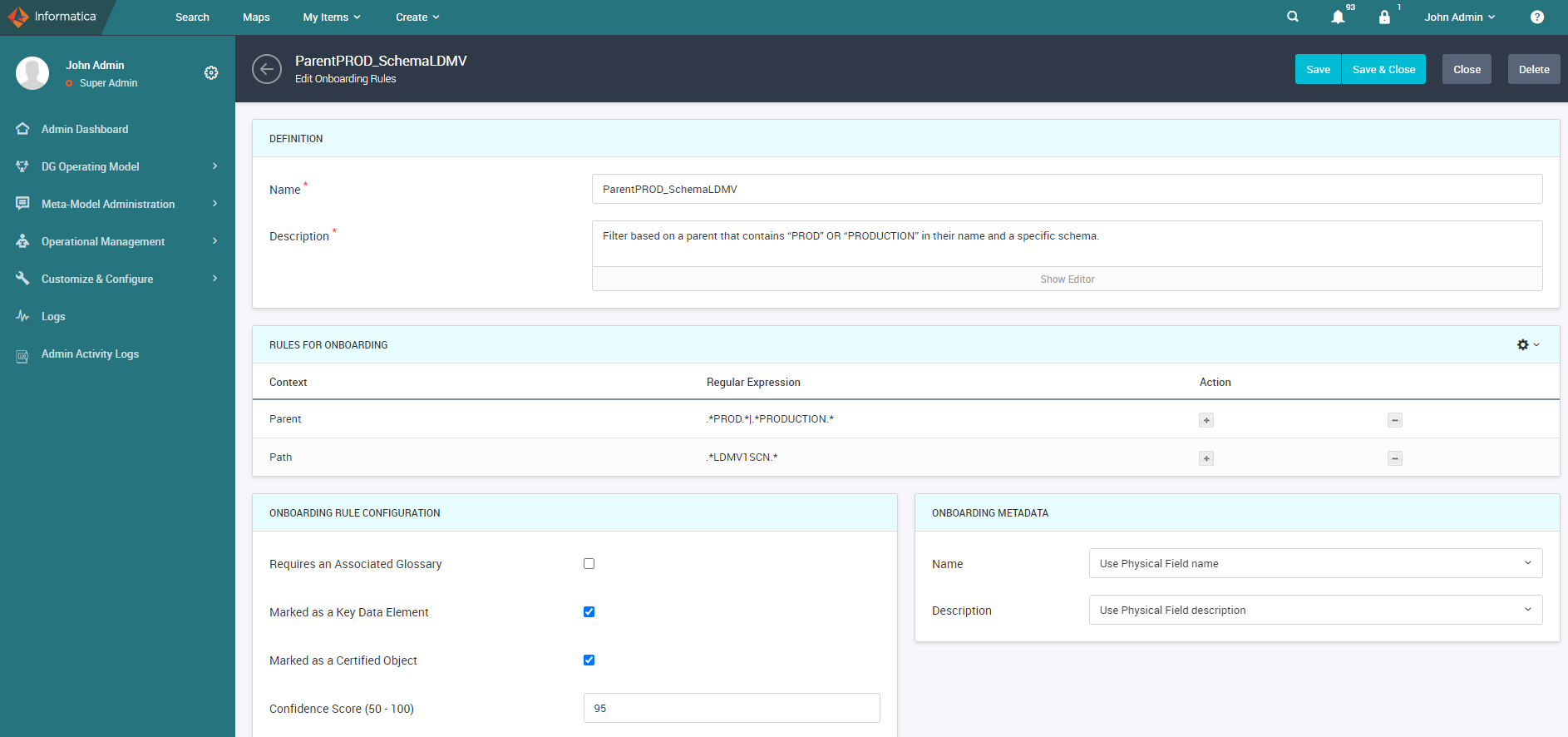 The Edit Onboarding Rules page shows a regular expression for filtering objects based on a specific parent name and schema.