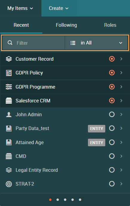 Input and filter fields in the My Items dropdown list