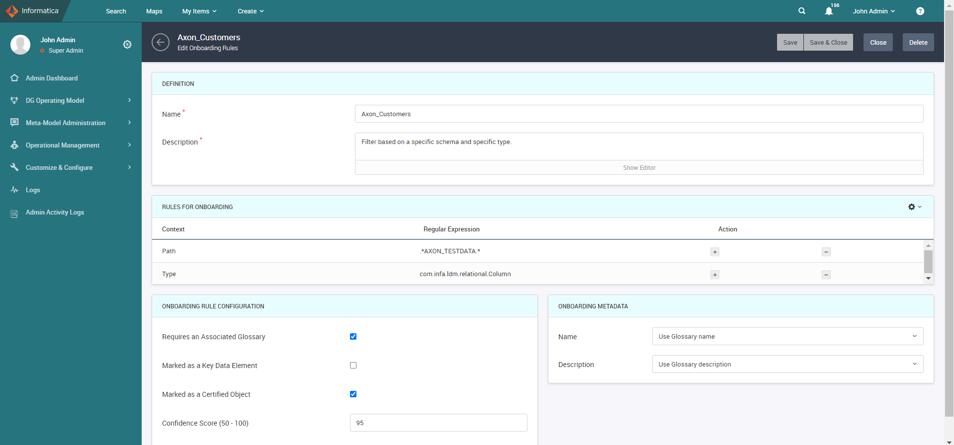 The Edit Onboarding Rules page shows a regular expression for filtering objects based on a specific schema and type.