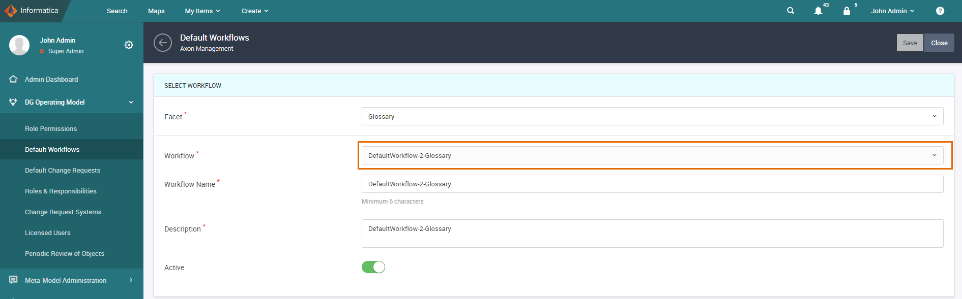 The Default Workflow page shows the selected predefined workflow for the Glossary facet.