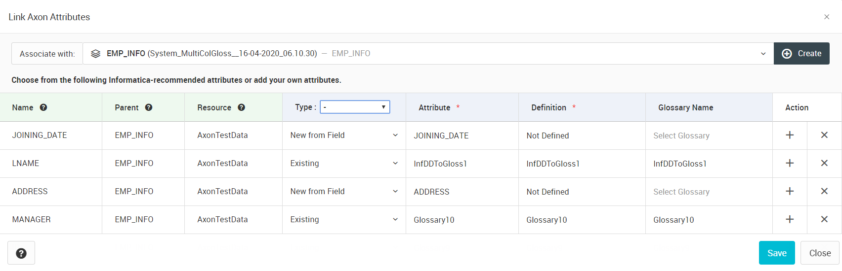 The Link Axon Attributes dialog box shows multiple fields of a parent linked existing and new attributes.