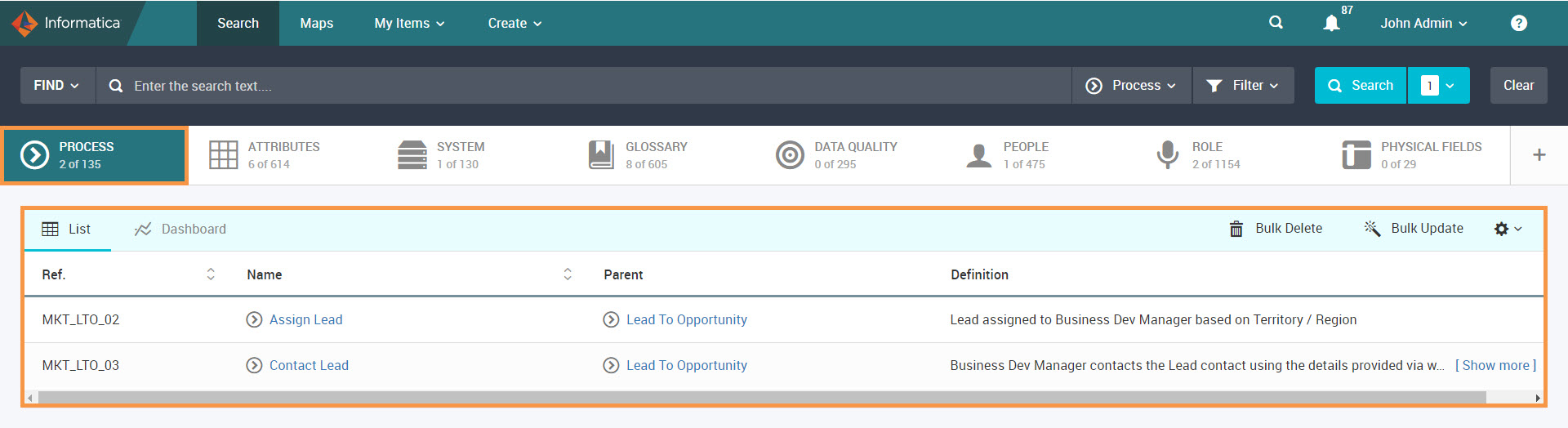 The Unison page shows the Process facet with the deleted child processes of a parent process.