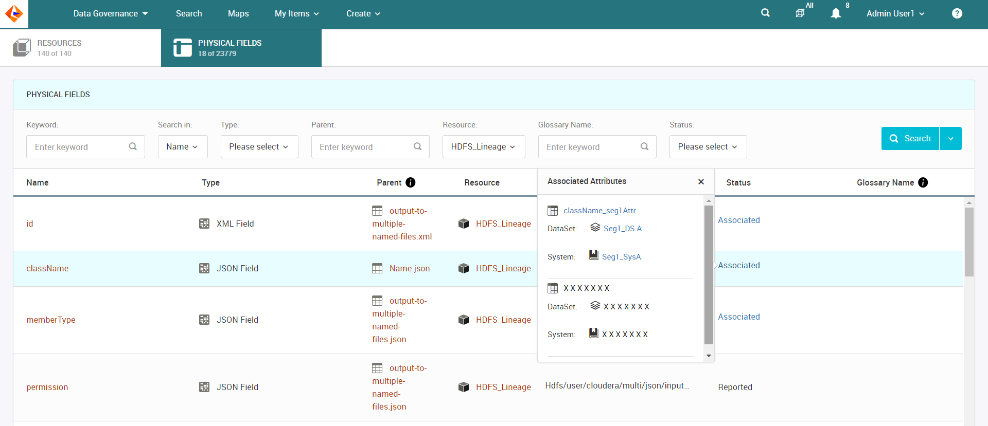 The Physical Fields tab shows the Associated Attributes pop-up with masked data sets, systems, and attributes that belong to a segment you cannot access.