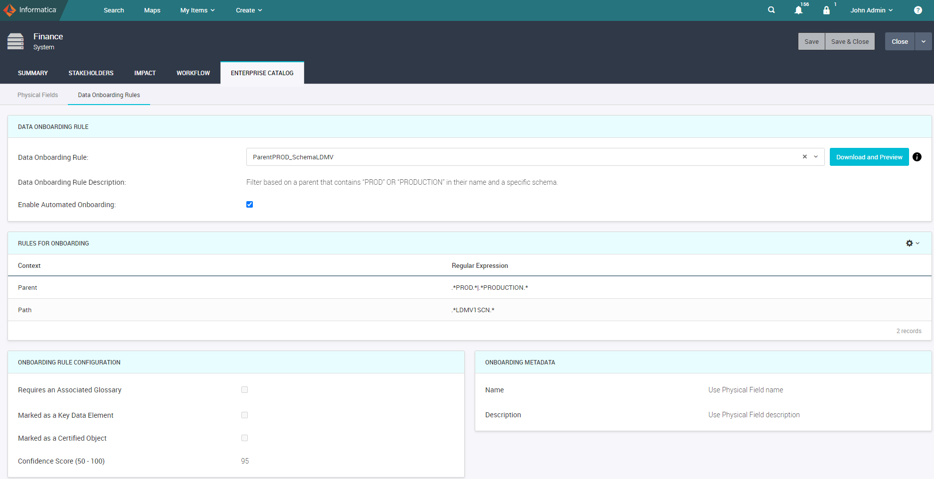 The Onboarding Rules tab of a System object shows a regular expression for filtering objects based on a specific parent name and schema.