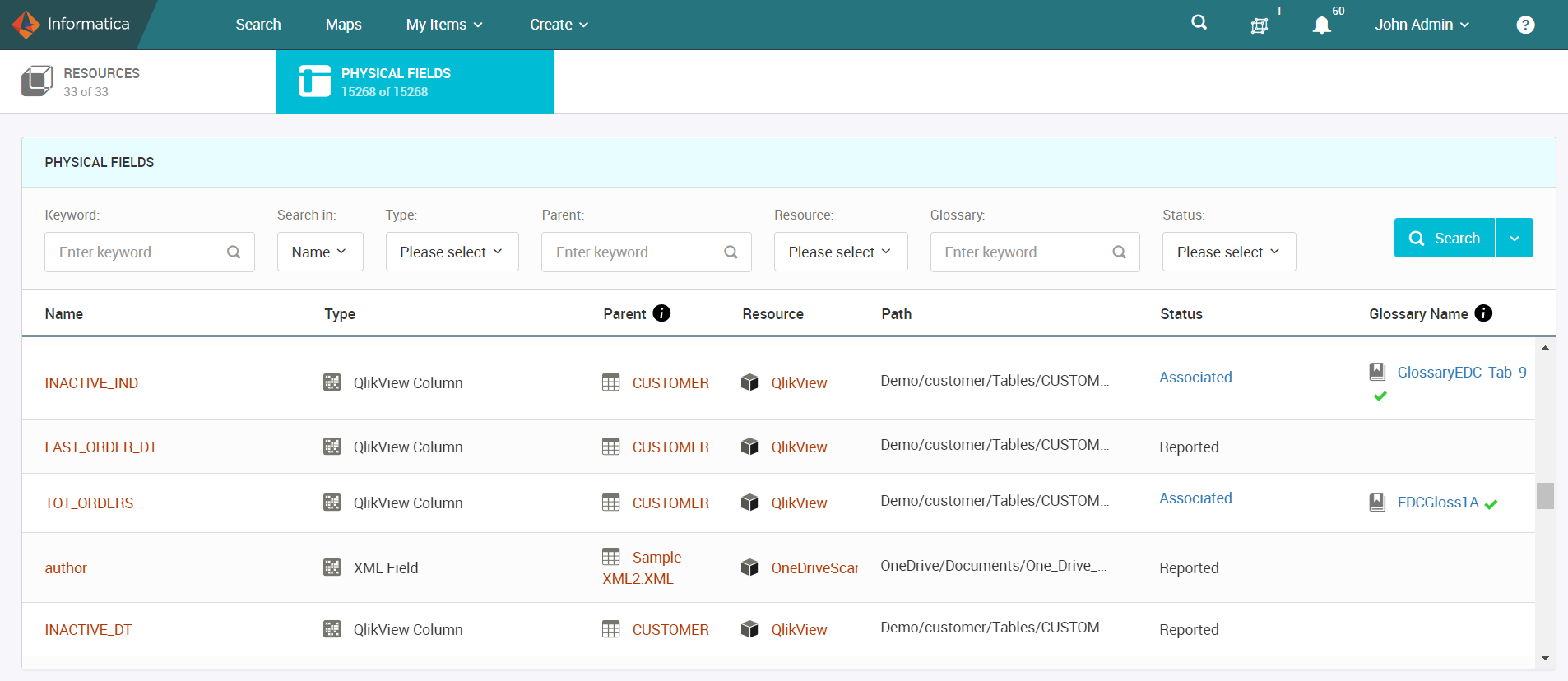 The Physical Fields tab displays the list of Enterprise Data Catalog physical fields.