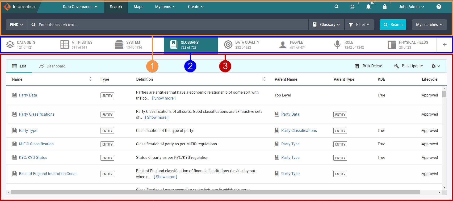 The image shows the Unison search interface that consists of toolbar, facets, and grid.