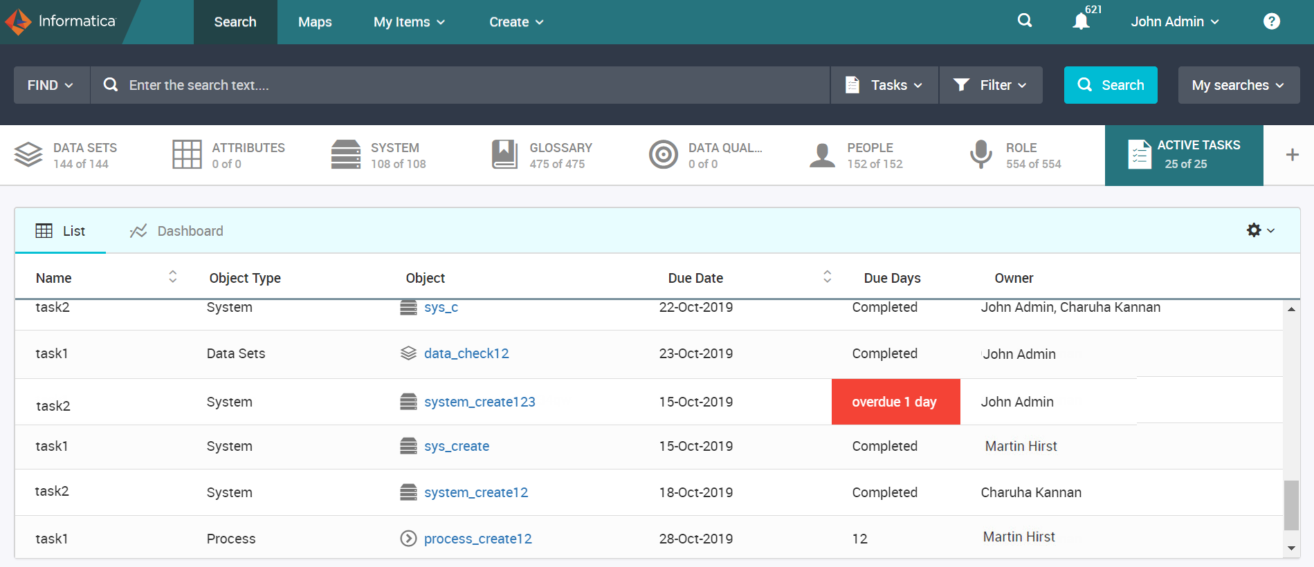 The Active Tasks facet displays the task details such as name, object type, object, due date, due days, and owner.