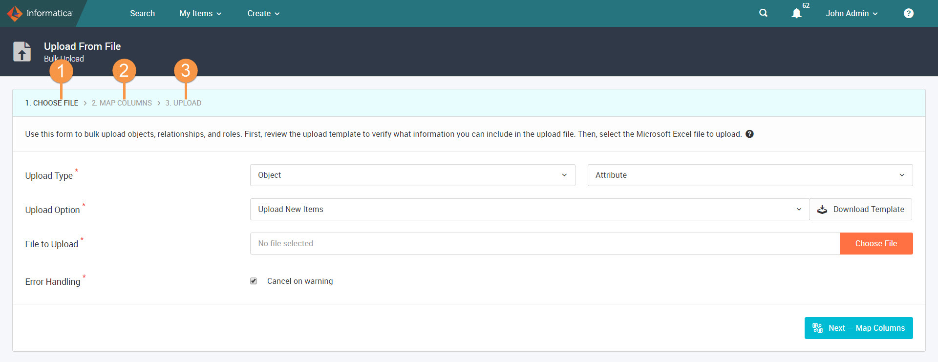 The Upload From File page shows the wizard to bulk upload data to Axon. The wizard contains the following steps: Choose File, Map Columns, and Upload.