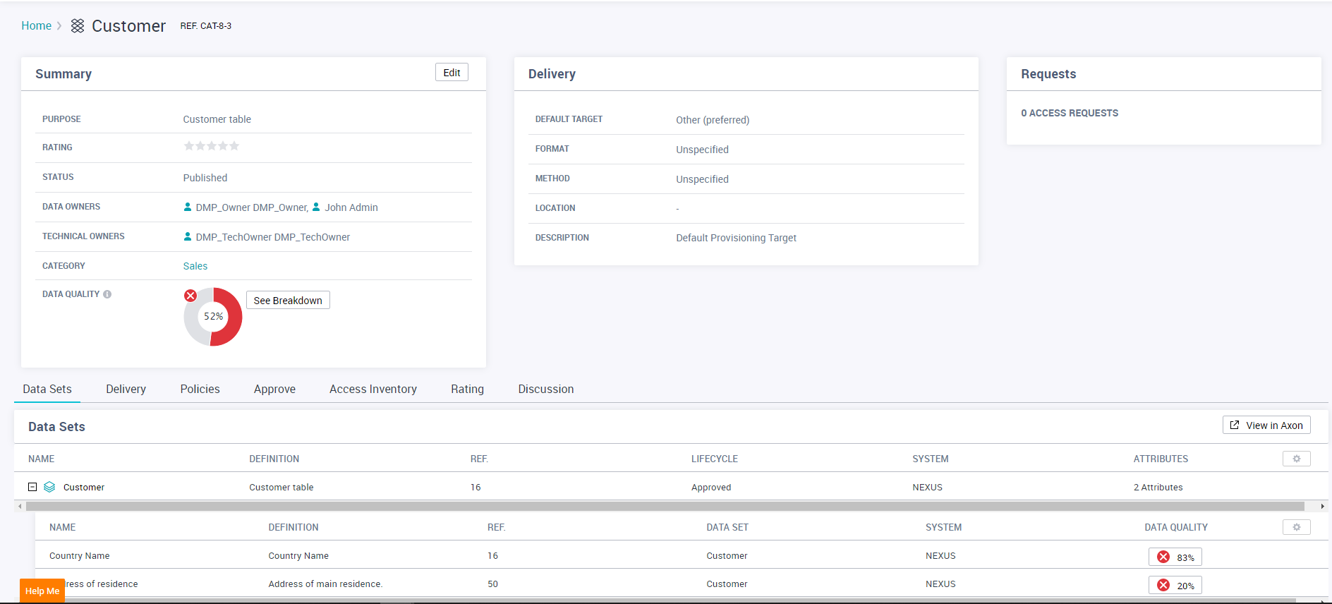 The Customer data collection page shows the details in the Summary, Delivery, Requests, and Data Sets sections.