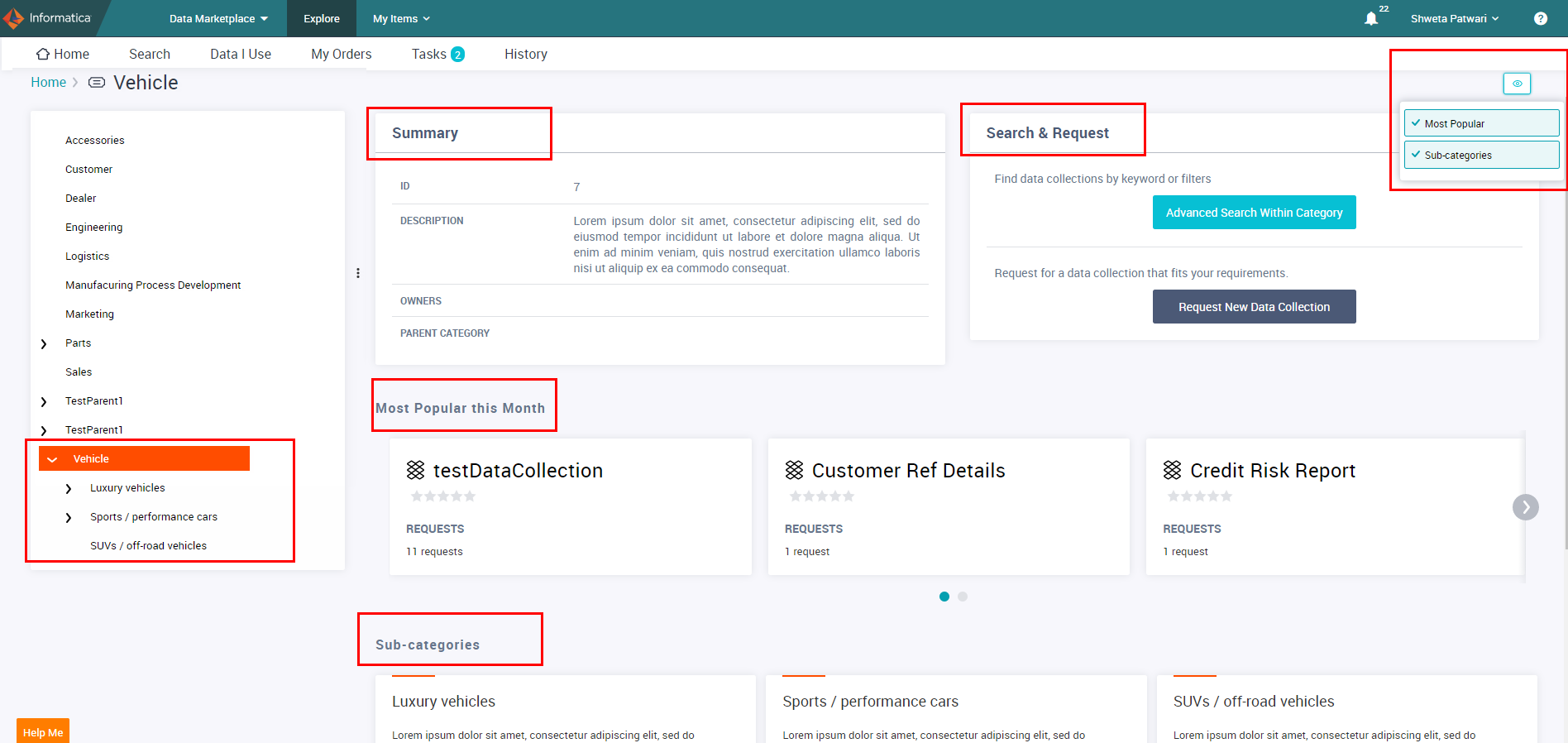 The Vehicle category shows the summary, search, most popular data collections, and sub-categories.