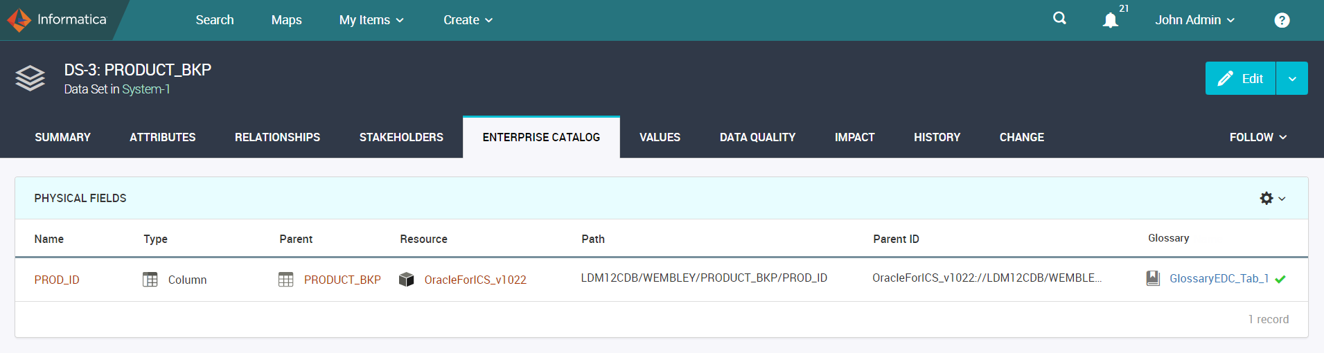 The Data Set object displays the physical information within the Enterprise Catalog tab.