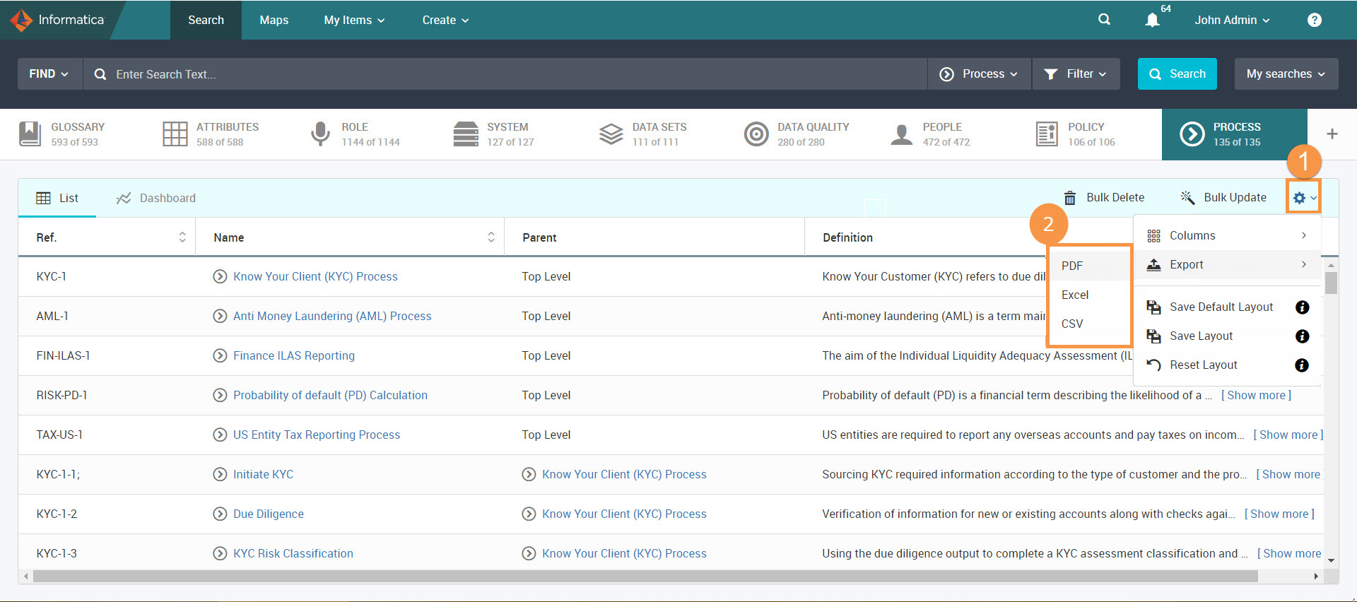 The Unison page shows the options to export the Process facet results to a PDF, Microsoft Excel, or CSV format.