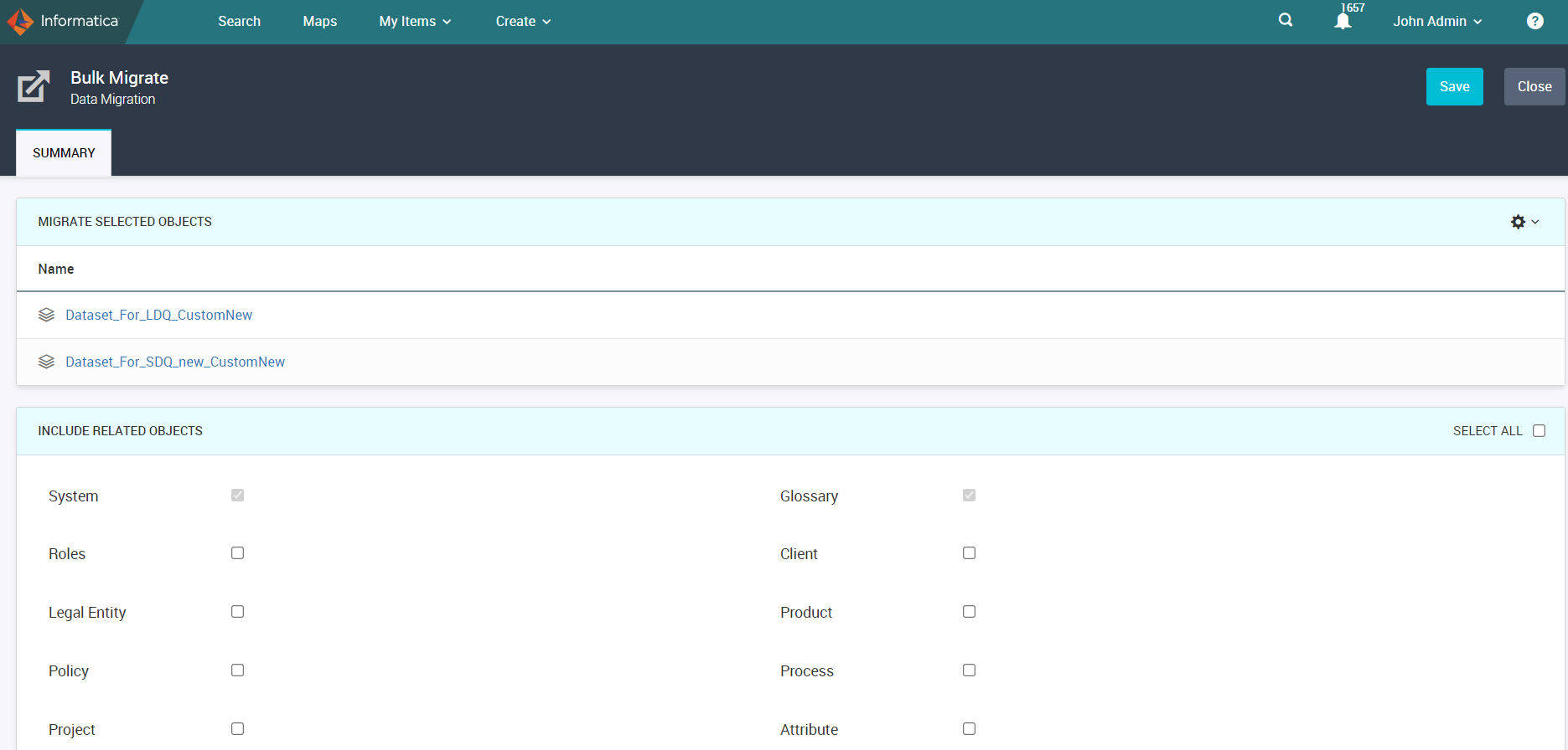 The Bulk Migrate page shows the selected data sets and related objects for migration.