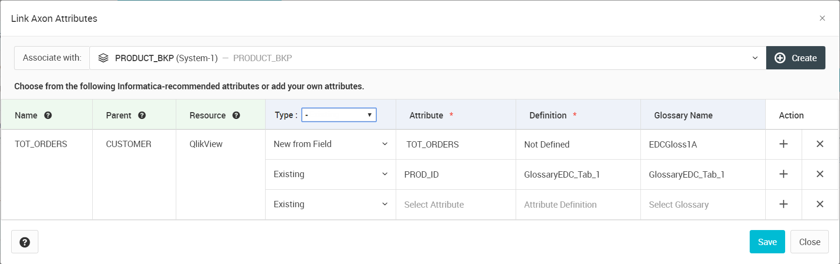 The Link Axon Attributes dialog box shows the attributes that you can link to Enterprise Catalog physical fields.