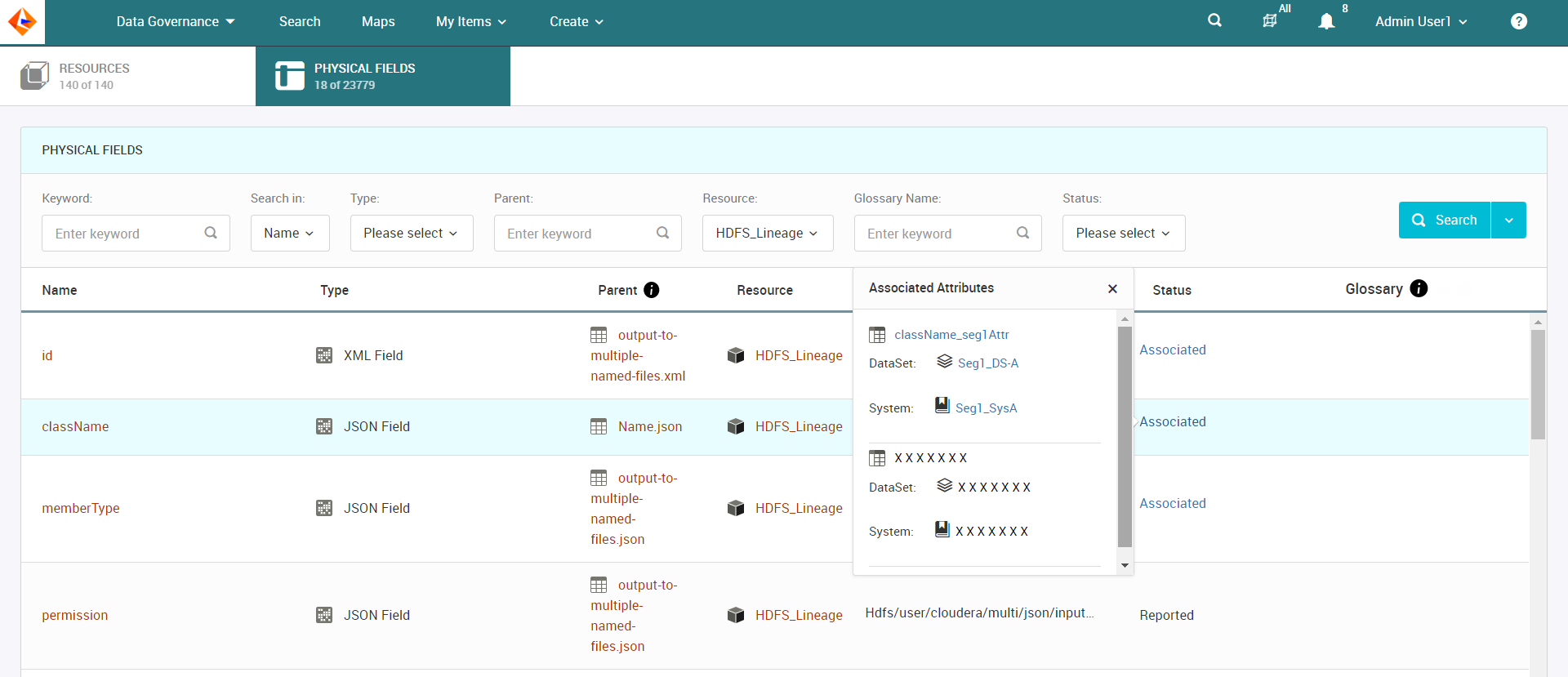 The Physical Fields tab shows the Associated Attributes pop-up with masked data sets, systems, and attributes that belong to a segment you cannot access.