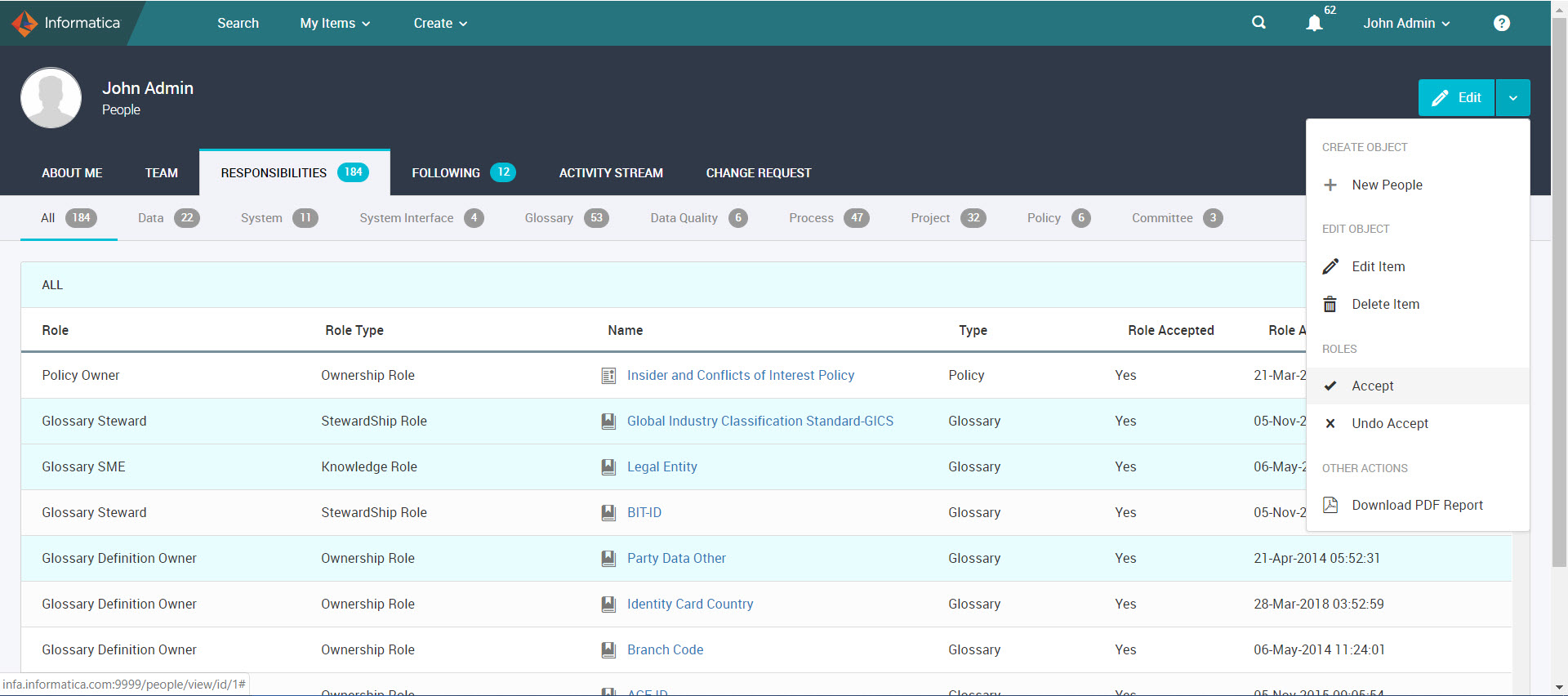 The Responsibilities tab shows the roles that you can accept for the user.