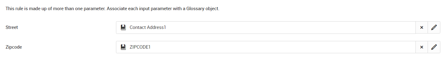 The image shows the window where you can map the Glossary object with input parameters