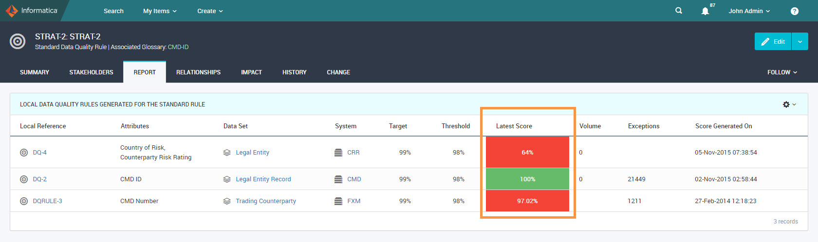 Viewing quality scores when you open a standard data quality rule