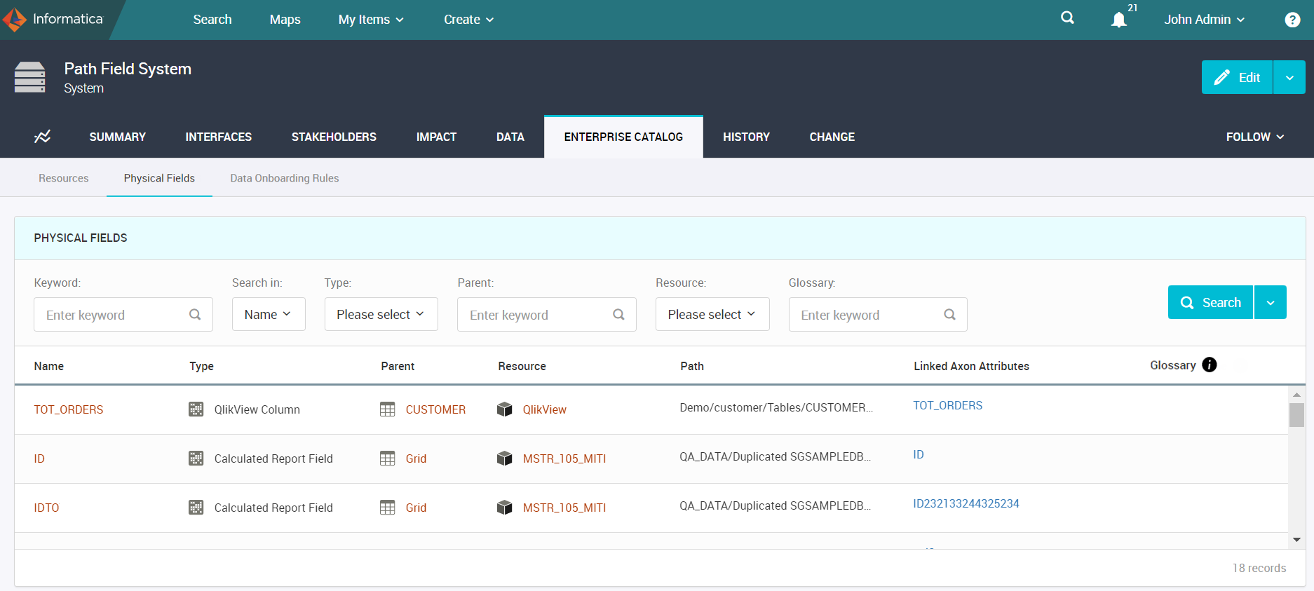 The System object displays Resources and Physical Fields sub-tabs within the Enterprise Catalog tab. The Physical Fields tab is displayed with the list of fields from Enterprise Data Catalog.