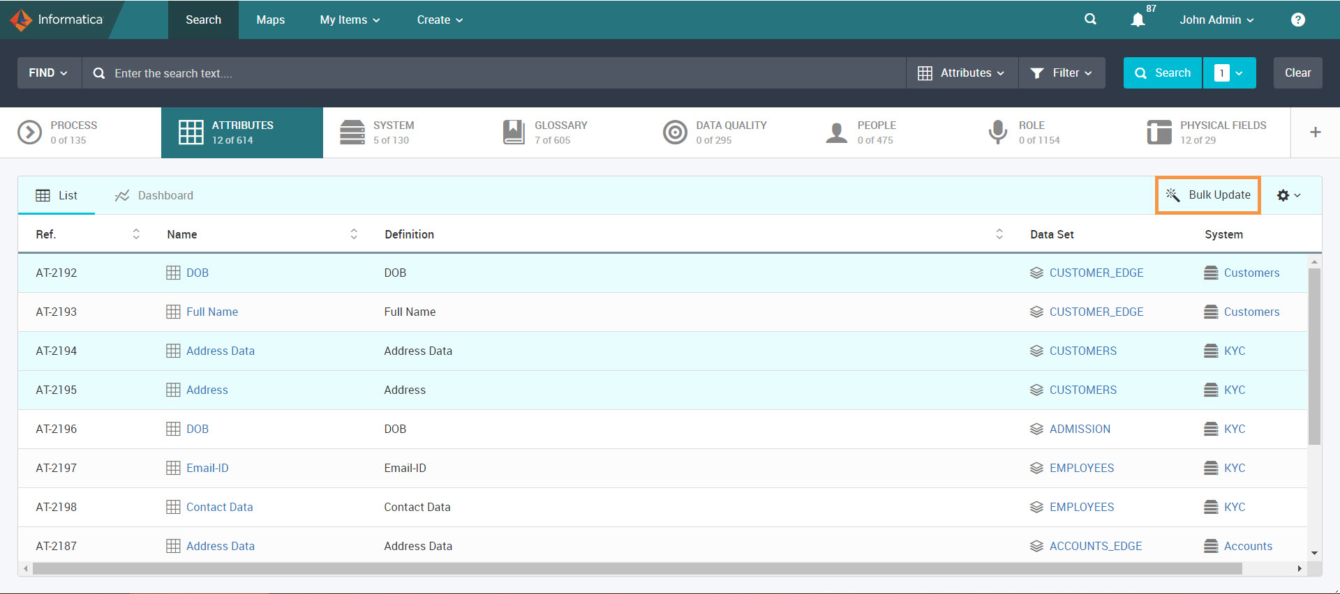 The Attributes facet shows the discovered attributes and the Bulk update option.