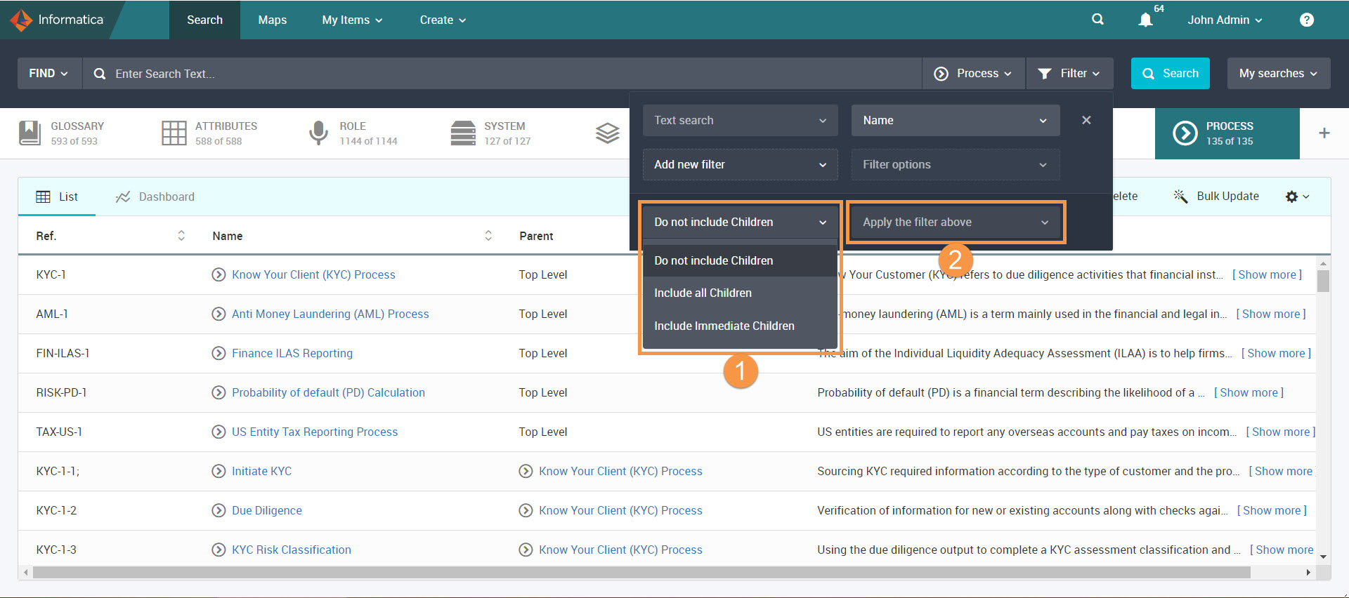 The Unison search page shows the filters that you can apply for child objects.