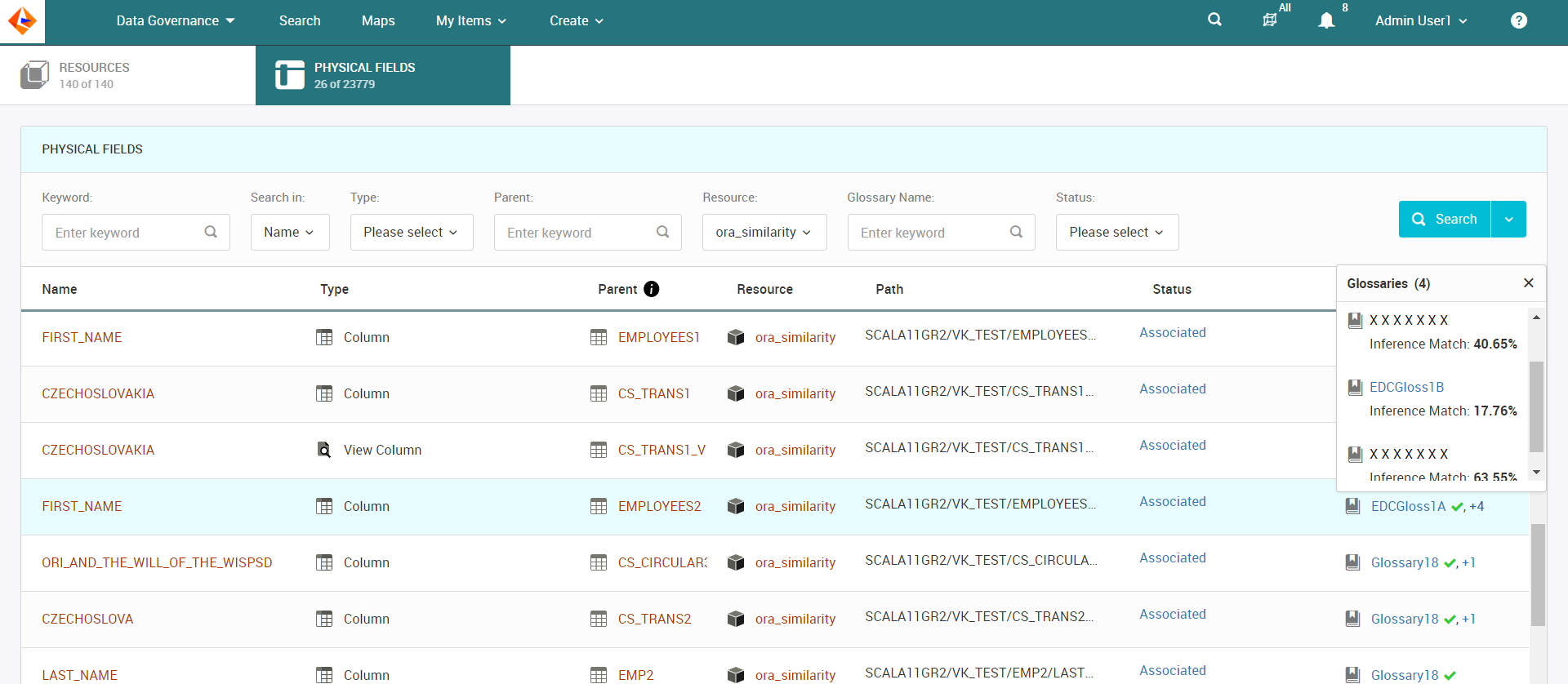 The Physical Fields tab shows the masked glossaries that belong to a segment you cannot access.