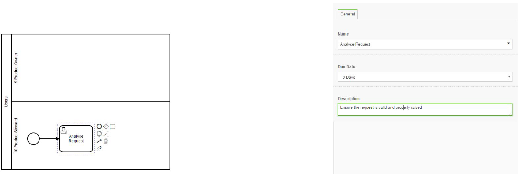 The image displays the first user task of the workflow in the Product Steward swimlane. The General properties panel displays the name, due date, an description that you can enter for the user task.