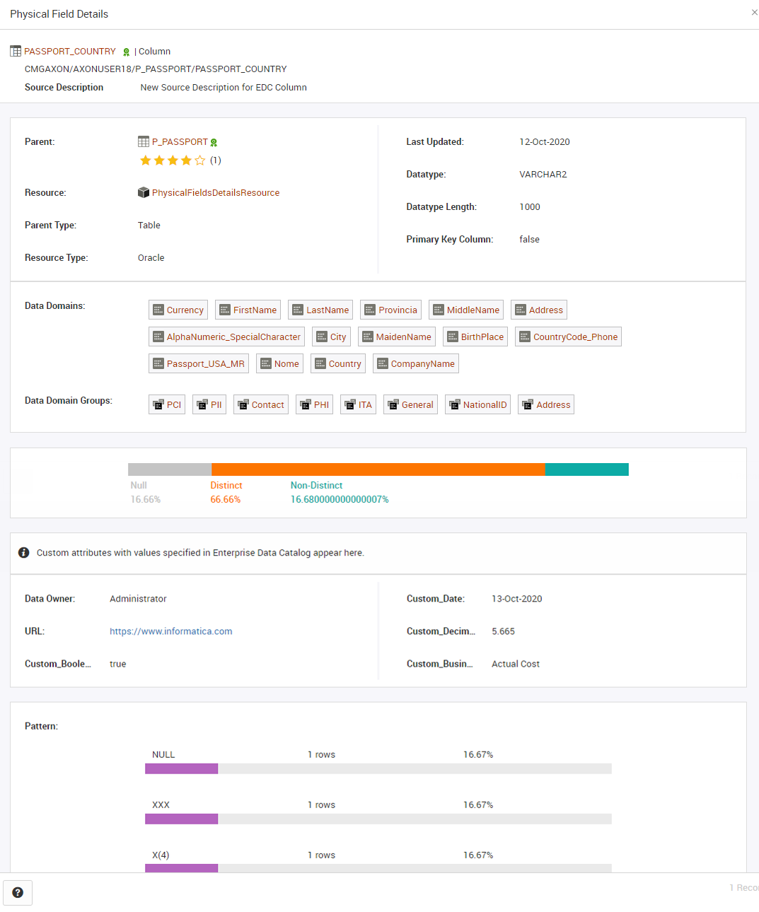 The Physical Field Details dialog box in Axon shows the physical field information, such as parent, resource, and datatype, from Enterprise Data Catalog.