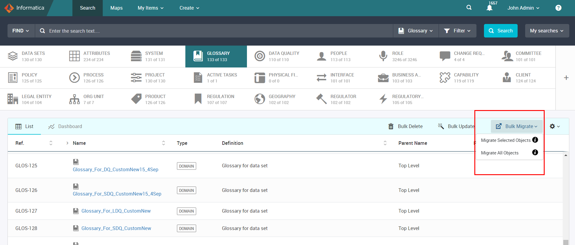 The Unison search page shows the Bulk Migrate options for the Glossary facet.