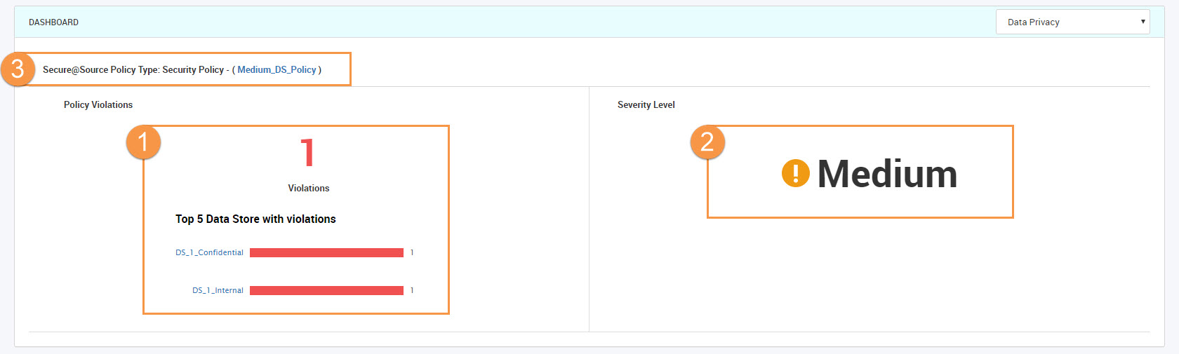 The Data Privacy dashboard shows the following privacy metrics for a security policy: Policy Violations and Severity Level.