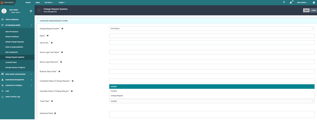 Image depicts the Change Request System window on the Admin panel.