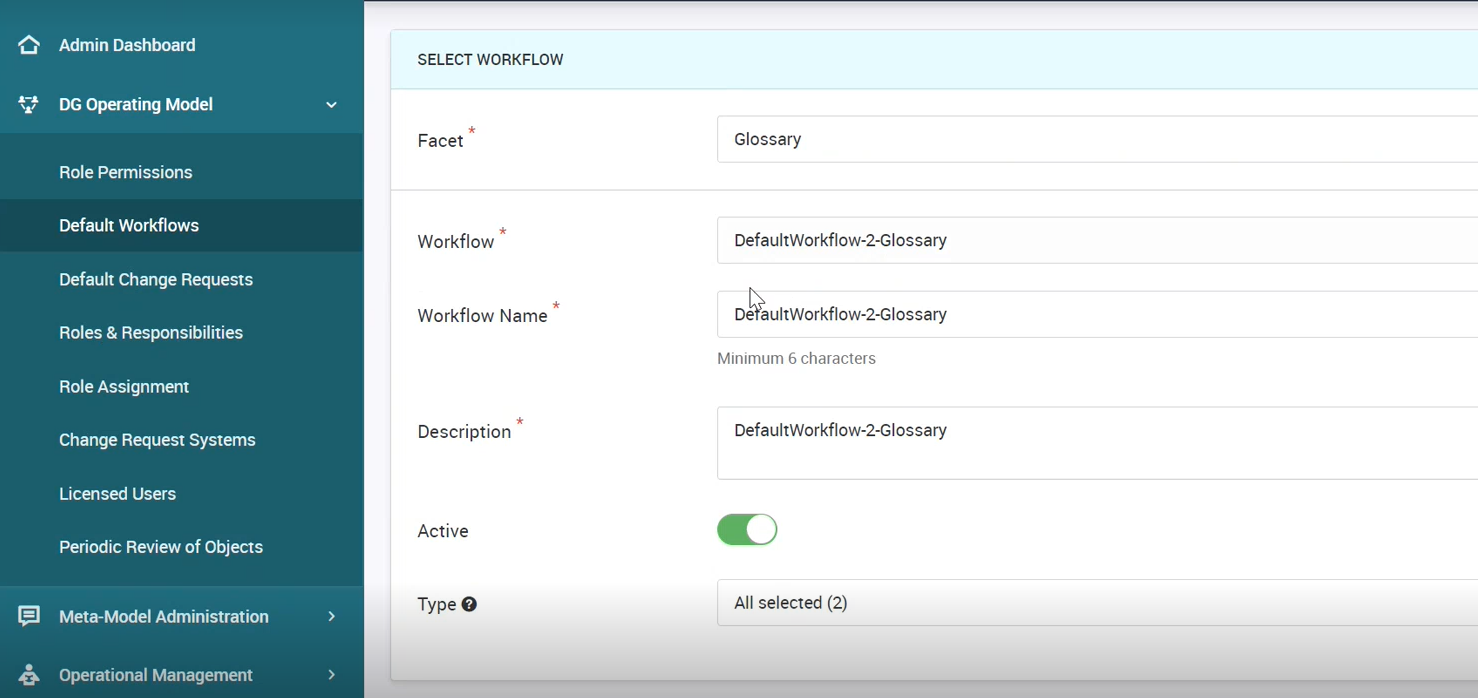 Image depicts the Type field that allows Admin users to select a change request type.
