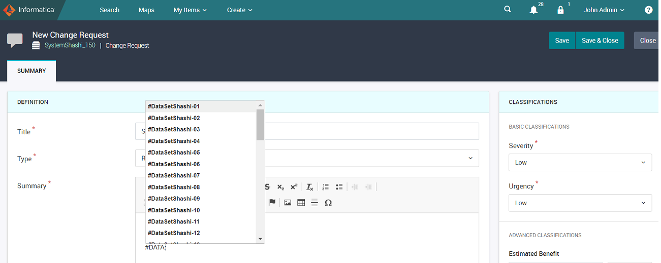 Image shows how to tag an associated Data Set object to the Change Request facet.