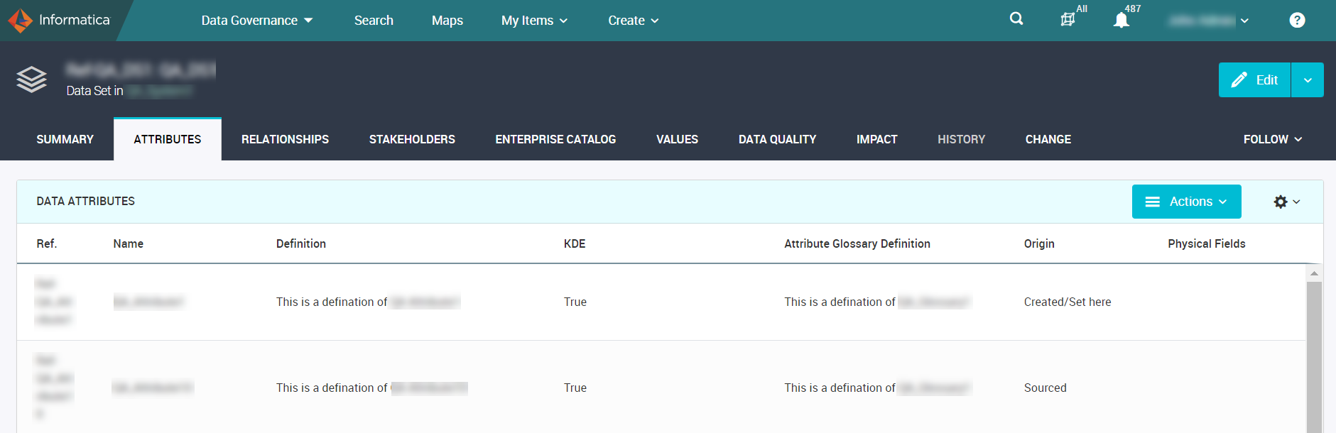 The image depicts the Attributes tab of a data set.